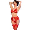cr 4848 ensemble soutien-gorge + string + bas en dentelle rouge l