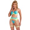 955311 ensemble soutien-gorge avec lignes dentelle et jarretelle vert et bleu s-m