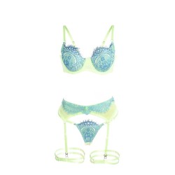 955311 ensemble soutien-gorge avec lignes dentelle et jarretelle vert et bleu s-m