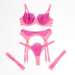 955366 ensemble soutien-gorge avec lignes de dentelle et jarretelles rose et violet l-xl