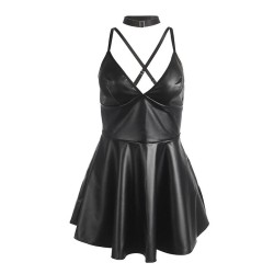 955373 robe à bretelles en cuir noir s-m