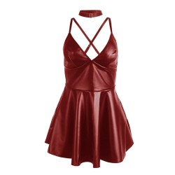 955403 robe à bretelles en cuir bordeaux l-xl