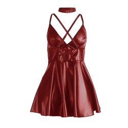 955403 robe à bretelles en cuir bordeaux l-xl