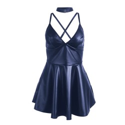 955410 robe à bretelles en cuir bleu s-m