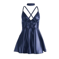 955410 robe à bretelles en cuir bleu s-m