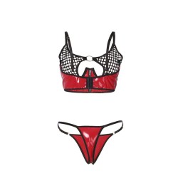 955533 ensemble soutien-gorge à fermeture éclair en cuir verni rouge s-m