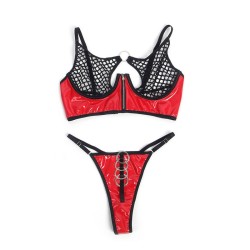 955533 ensemble soutien-gorge à fermeture éclair en cuir verni rouge s-m