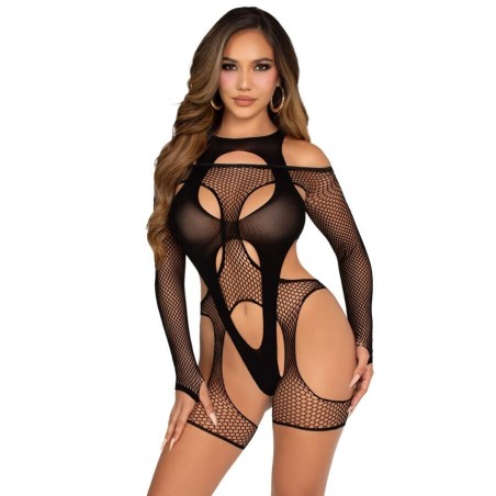 bodystocking résille avec porte-jarretelles et harnais noir
