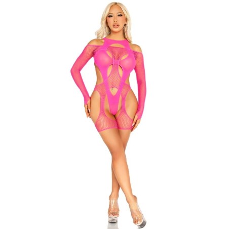 bodystocking réseille avec porte-jarretelles et harnais rose fluo