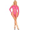 bodystocking réseille avec porte-jarretelles et harnais rose fluo