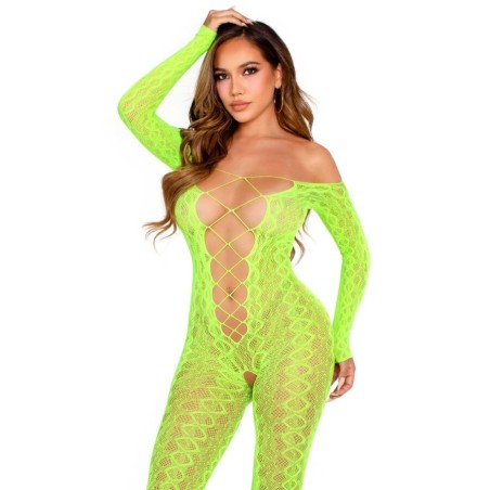 bodystocking sans fourche en dentelle serpent exotique vert fluo