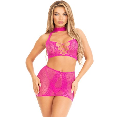 haut et jupe ouverts en dentelle fuchsia