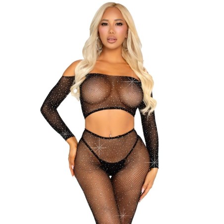 crop top et legging résille avec strass noir