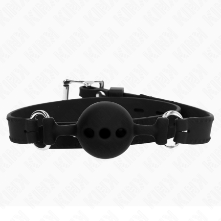 bâillon entièrement silicone 55 x 2 cm avec boule de 4 cm taille s noir ajustable 35-51 cm