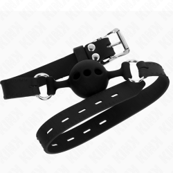 bâillon entièrement silicone 55 x 2 cm avec boule de 4 cm taille s noir ajustable 35-51 cm