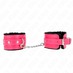 appui-poignets doublés de fourrure premium noir avec ceinture rose framboise ajustable 17-29 cm x 6 cm