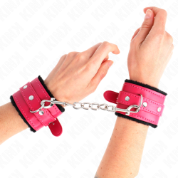 appui-poignets doublés de fourrure premium noir avec ceinture rose framboise ajustable 17-29 cm x 6 cm