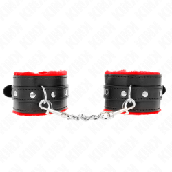 appui-poignets doublés de fourrure premium rouge avec ceinture noire réglable 17-29 cm x 6 cm