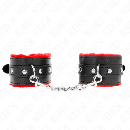 appui-poignets doublés de fourrure premium rouge avec ceinture noire réglable 17-29 cm x 6 cm