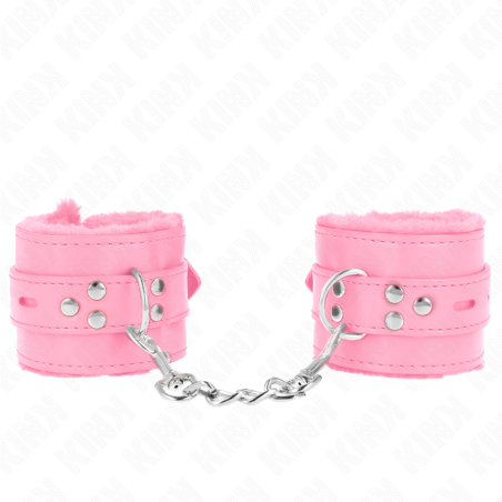 appui-poignets doublés de fourrure avec trous carrés rose et ceinture rose réglable 17-29 cm x 6 cm