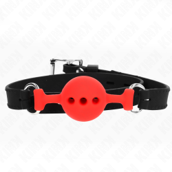 bâillon entièrement silicone 55 x 2 cm avec boule de 4 cm taille s rouge ajustable 35-51 cm