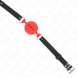 bâillon entièrement silicone 55 x 2 cm avec boule de 5 cm taille l rouge ajustable 35-51 cm