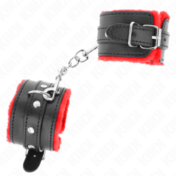 appui-poignets doublés de fourrure premium rouge avec ceinture noire réglable 17-29 cm x 6 cm
