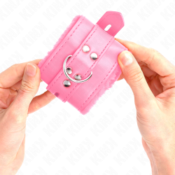appui-poignets doublés de fourrure avec trous carrés rose et ceinture rose réglable 17-29 cm x 6 cm