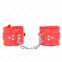 appui-poignets doublés de fourrure avec trous carrés rouge et ceinture rouge réglable 17-29 cm x 6 cm