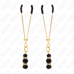 pinces à teton fines or avec 3 billes de verre noir 7 cm