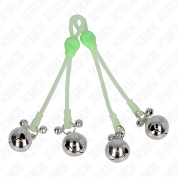 pinces à teton lumineuses crâne avec anneau cloches réglables vert - argent