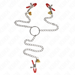 pinces à tamelon et clito bell triple rouge avec chaine 30 cm