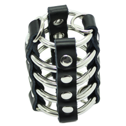 cage  pénis avec anneaux métalliques et sangle en cuir