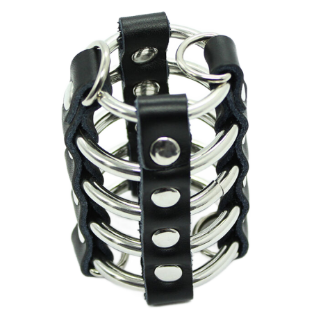 cage  pénis avec anneaux métalliques et sangle en cuir