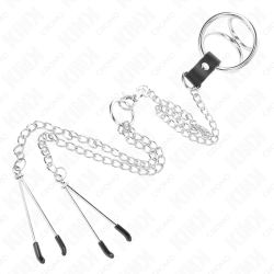 anneau pénis en métal triple chrome 3 cm à 4,5 cm avec chaîne en métal de 26 cm et pinces à tétons