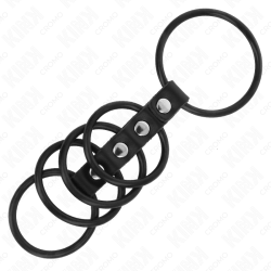 5 anneaux pénis en silicone de 3,8 cm à 4,8 cm connectés par du cuir