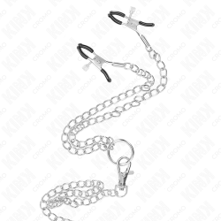 anneau pénis en métal triple chrome 3,8 cm à 5 cm avec chaîne en métal de 26 cm et pinces à tétons modèle 1