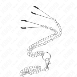 anneau pénis en métal triple chrome 3,8 cm à 5 cm avec chaîne en métal de 26 cm et pinces à tétons modèle 2