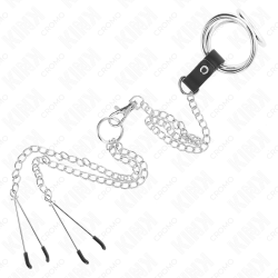 anneau pénis en métal triple chrome 3,8 cm à 5 cm avec chaîne en métal de 26 cm et pinces à tétons modèle 2